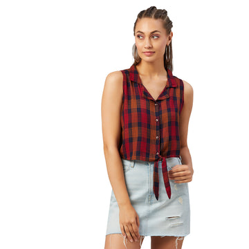 Chimpaaanzee Women Orange Checkered Viscose Knotted Crop Top