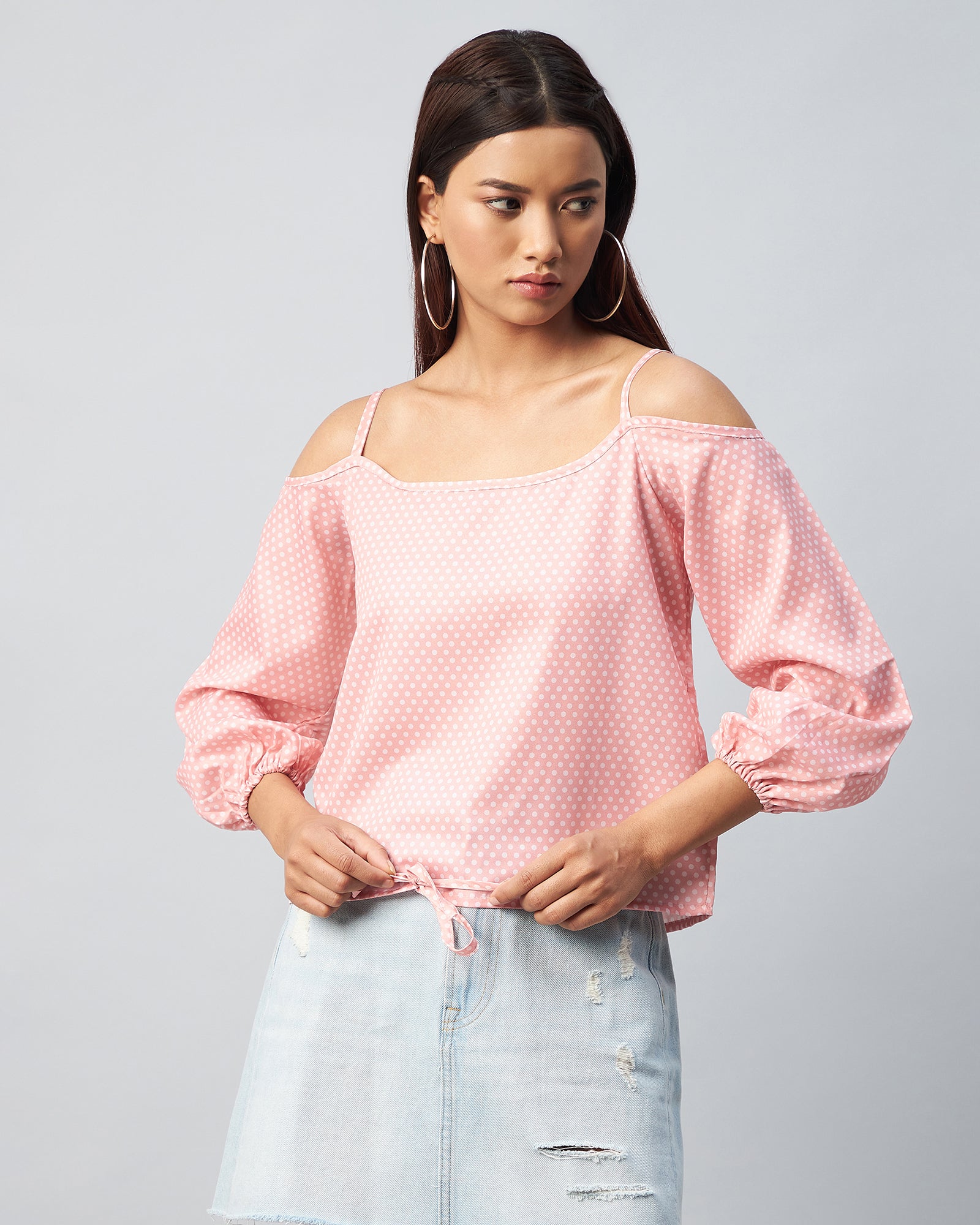 Chimpaaanzee Women Crepe Peach Polka Dotted Cold Shoulder Top