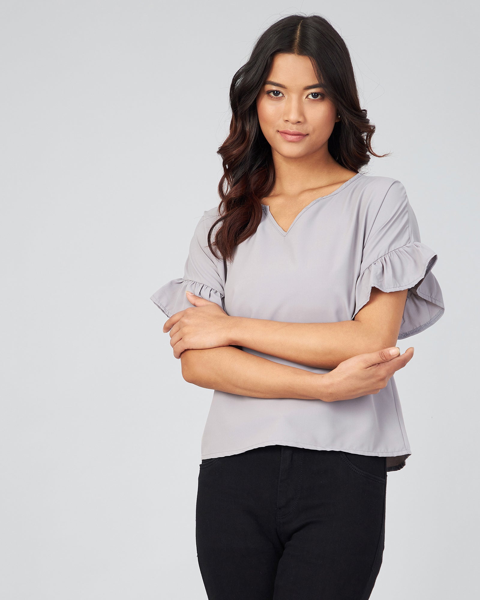 Chimpaaanzee Women Grey Solid V-Round Ruffled Sleeve Top