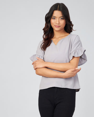 Chimpaaanzee Women Grey Solid V-Round Ruffled Sleeve Top
