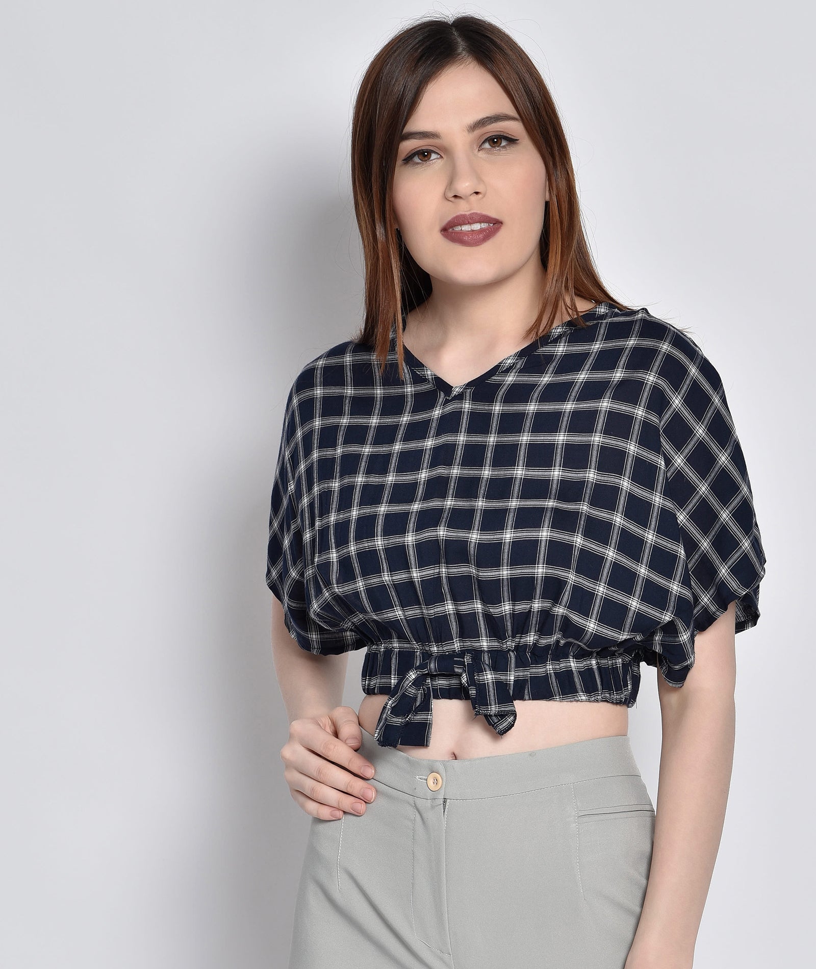Chimpaaanzee Women Checkered Bat Sleeve Navy Top