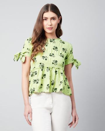 Chimpaaanzee Women Green Flower Printed Ruffled Top