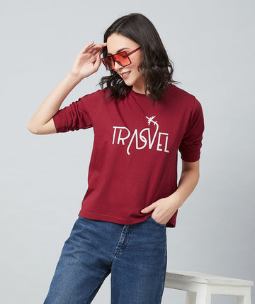 Chimpaaanzee Women Maroon Round Neck Full Sleeve T-shirt
