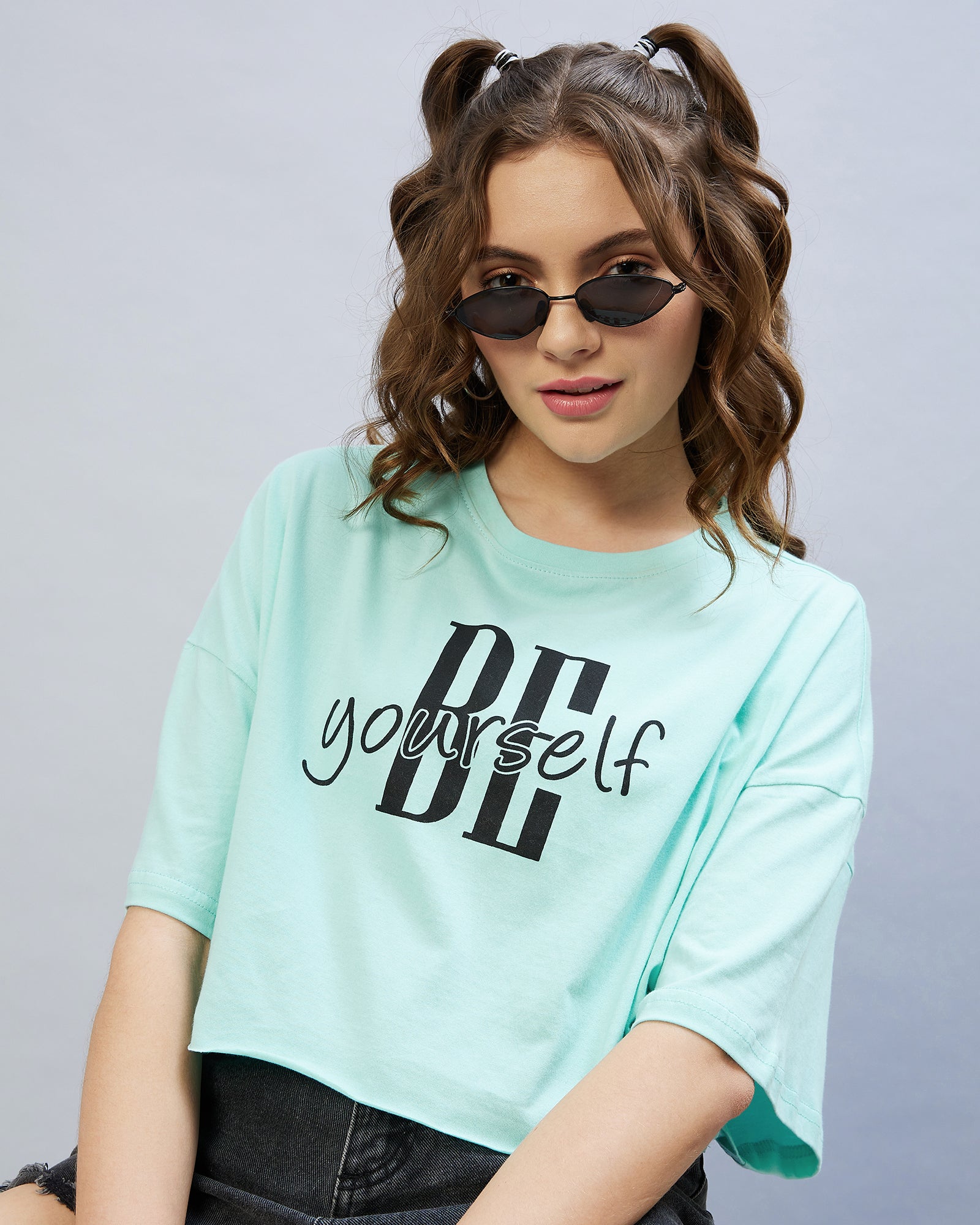 Chimpaaanzee Women Sky Blue Typographic Oversized Crop T-shirt