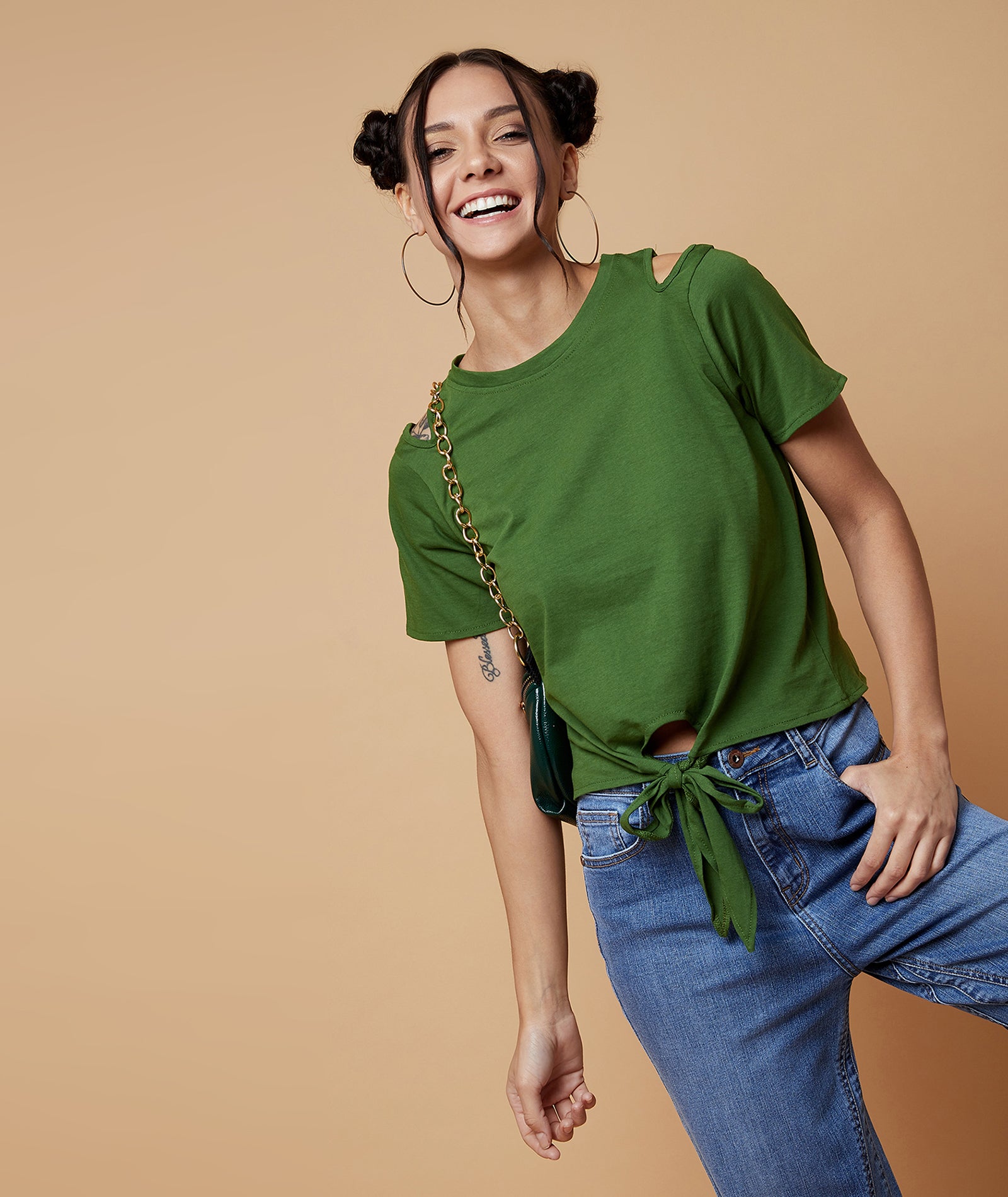 Chimpaaanzee Women Cut Out Neck Front Knot Top Green