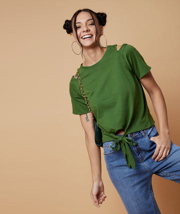 Chimpaaanzee Women Cut Out Neck Front Knot Top Green