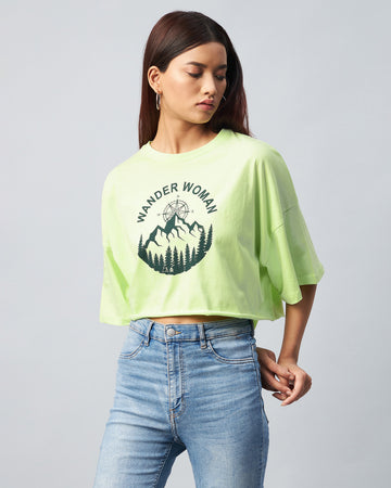 Chimpaaanzee Women Light Green Solid Oversized Crop T-shirt