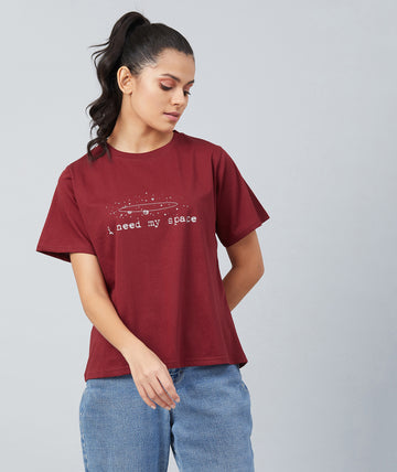 Chimpaaanzee Women Maroon Loose Fit T-shirt
