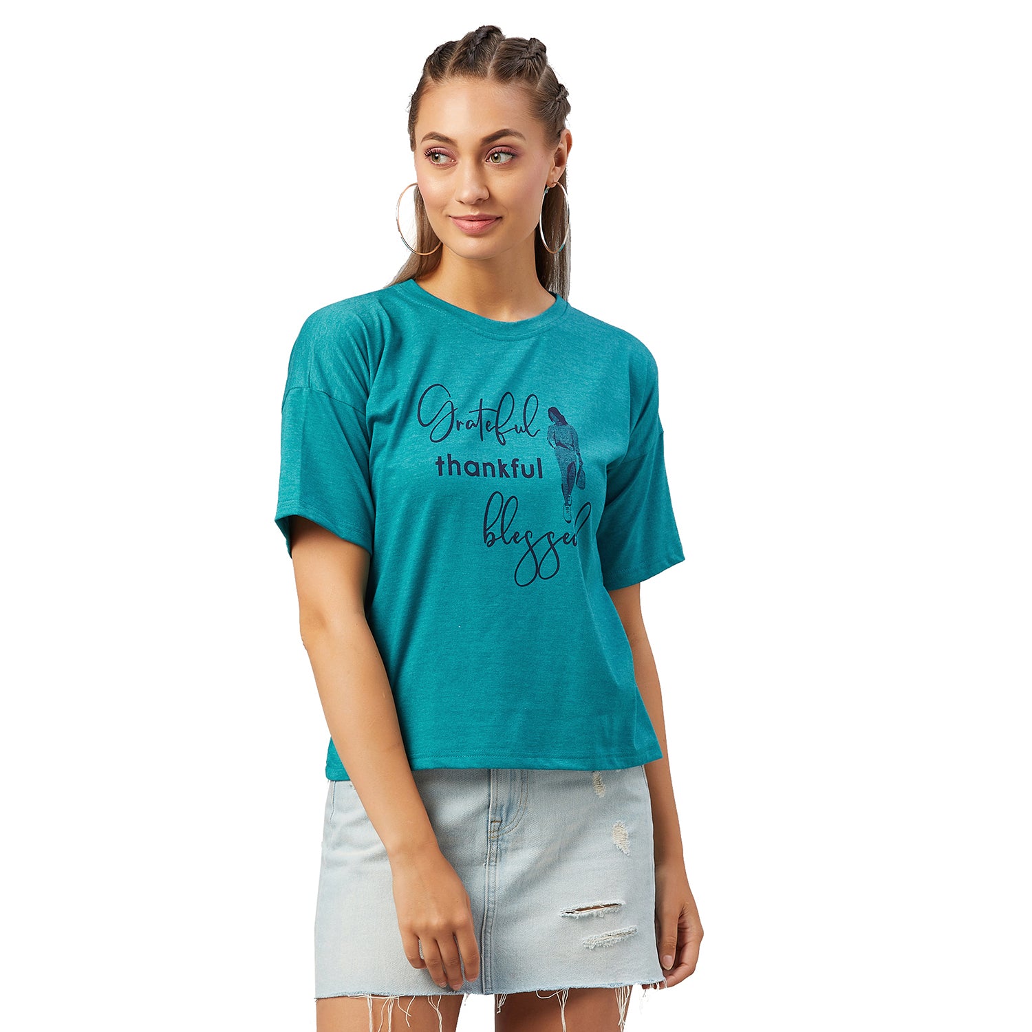 Chimpaaanzee Women Greenish Blue Round Neck T-shirt