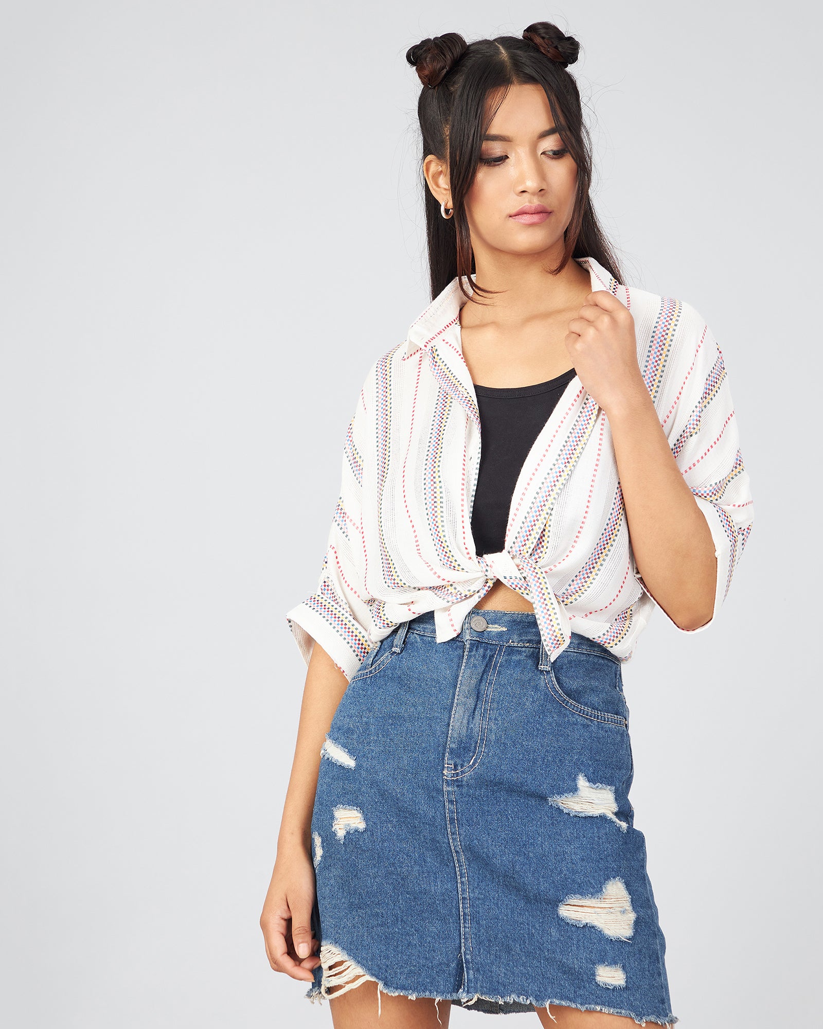 Chimpaaanzee Women Viscose White Striped Crop Shirt
