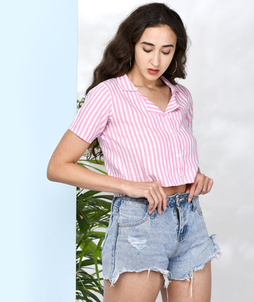 Chimpaaanzee Women Pink Viscose Crop striped Shirt