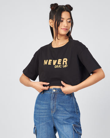 Chimpaaanzee Women Black Loose Fit Crop T-shirt (Never Give Up)