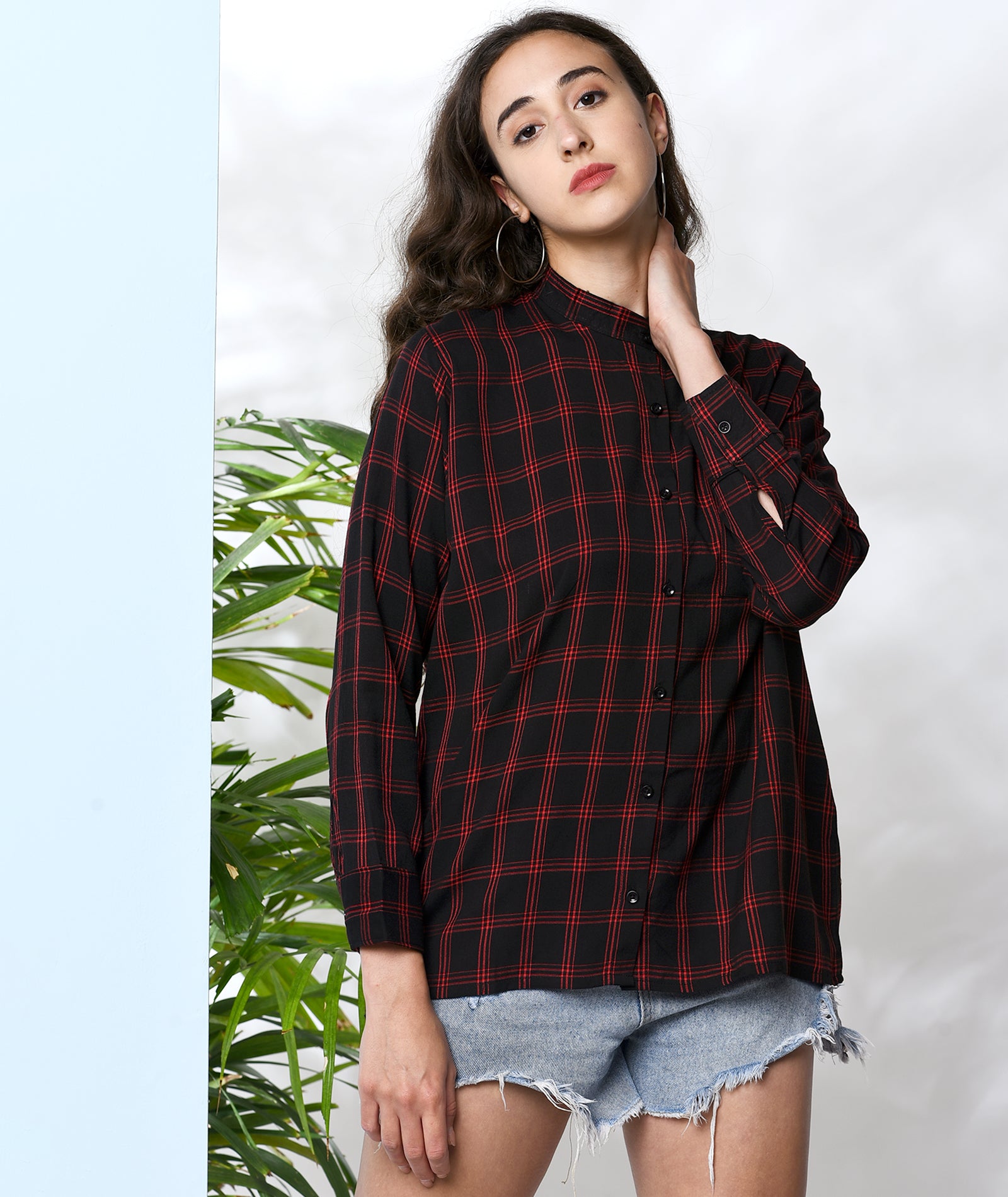 Chimpaaanzee Women Black and Red Viscose Long Checkered Shirts