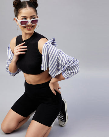 Chimpaaanzee Women Viscose Navy & White Striped Fully Crop Shirt