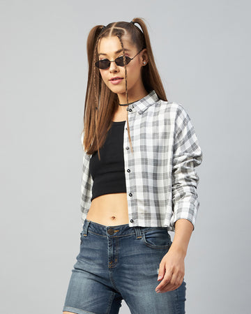 Chimpaaanzee Women Viscose White & Black Checkered Full Sleeve Drop Shoulder Crop Shirt