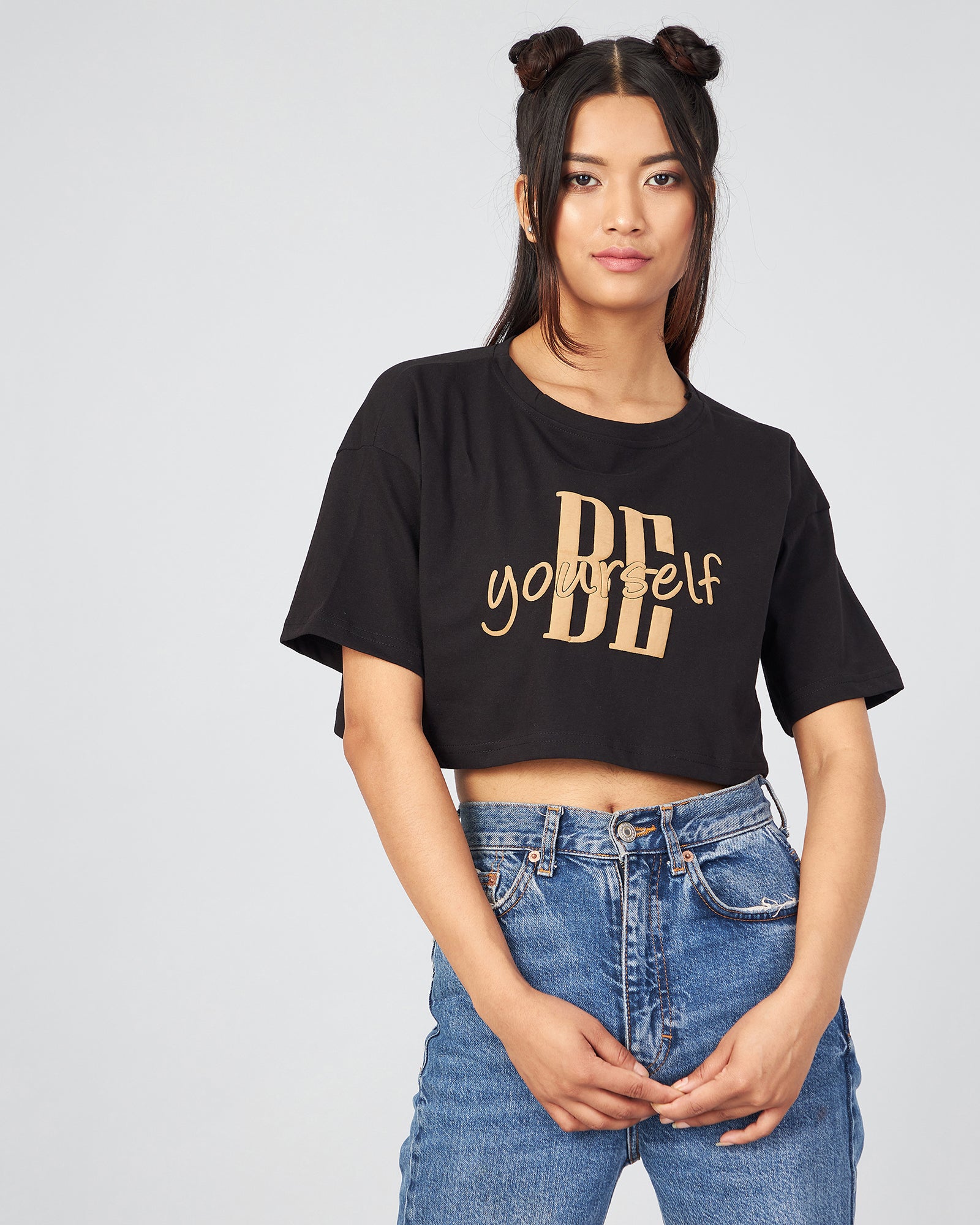 Chimpaaanzee Women Black Loose Fit Crop T-shirt ( Be Yourself)