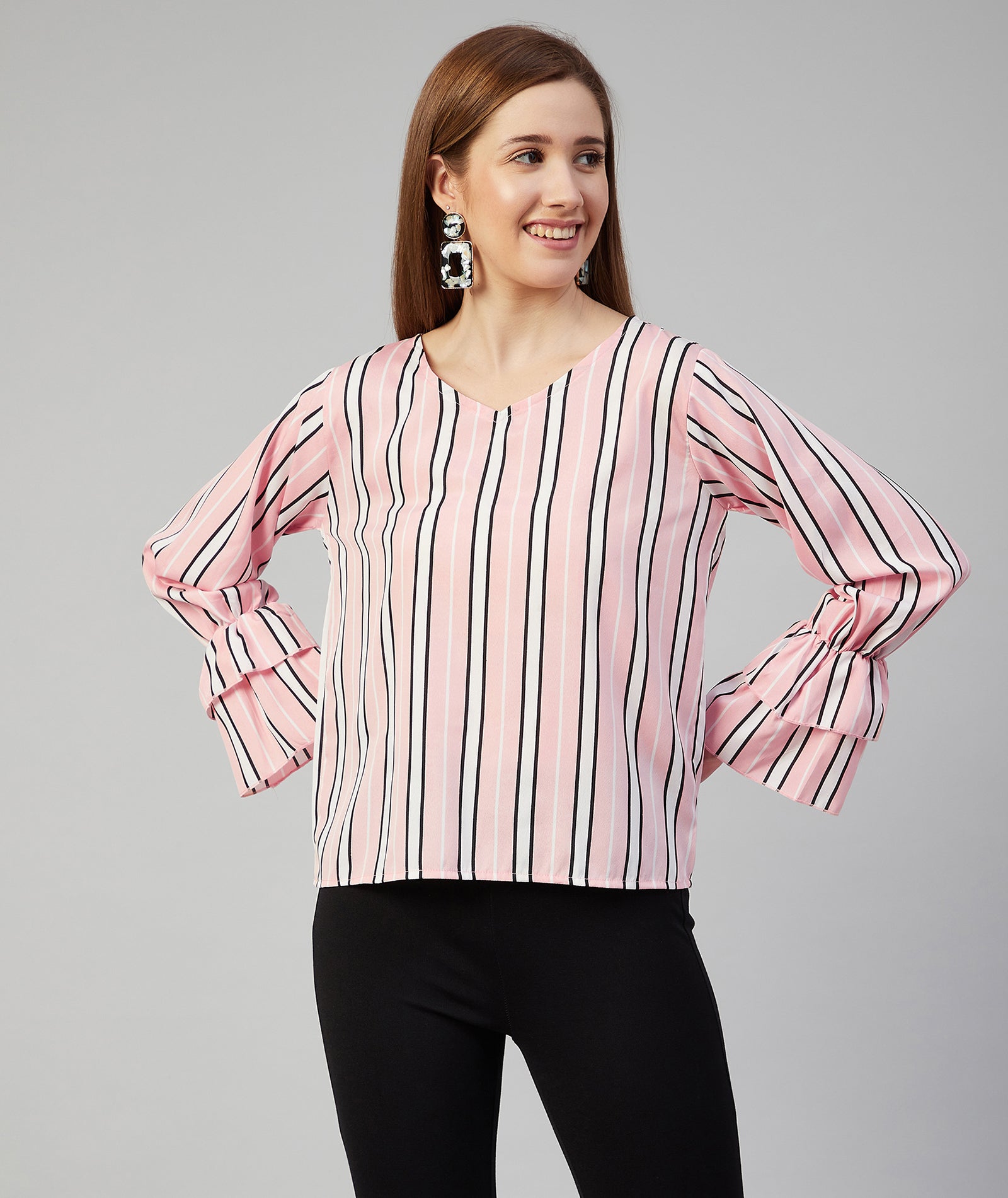 Chimpaaanzee Women Pink Striped V neck Ruffled Top