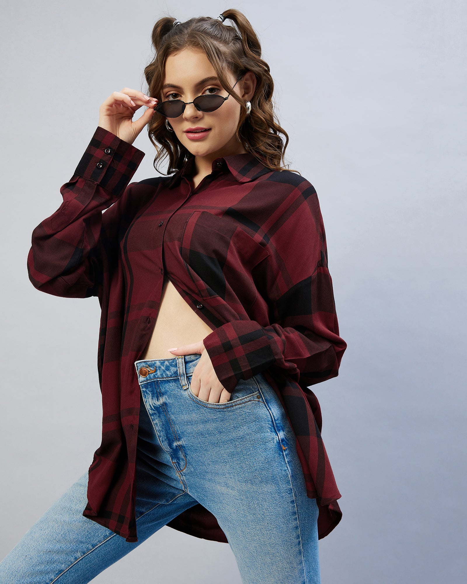 Chimpaaanzee Women Viscose Maroon & Black Checkered  Oversize Fit Shirt