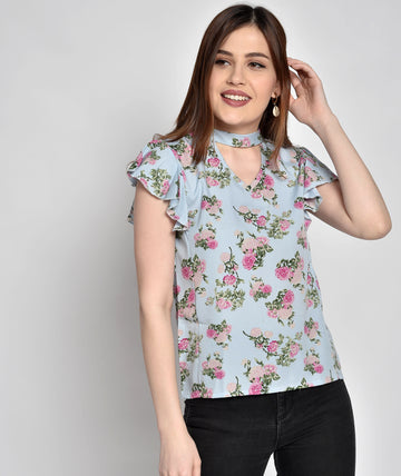 Chimpaaanzee Women  Flower Printed Choker Neck Purple Top