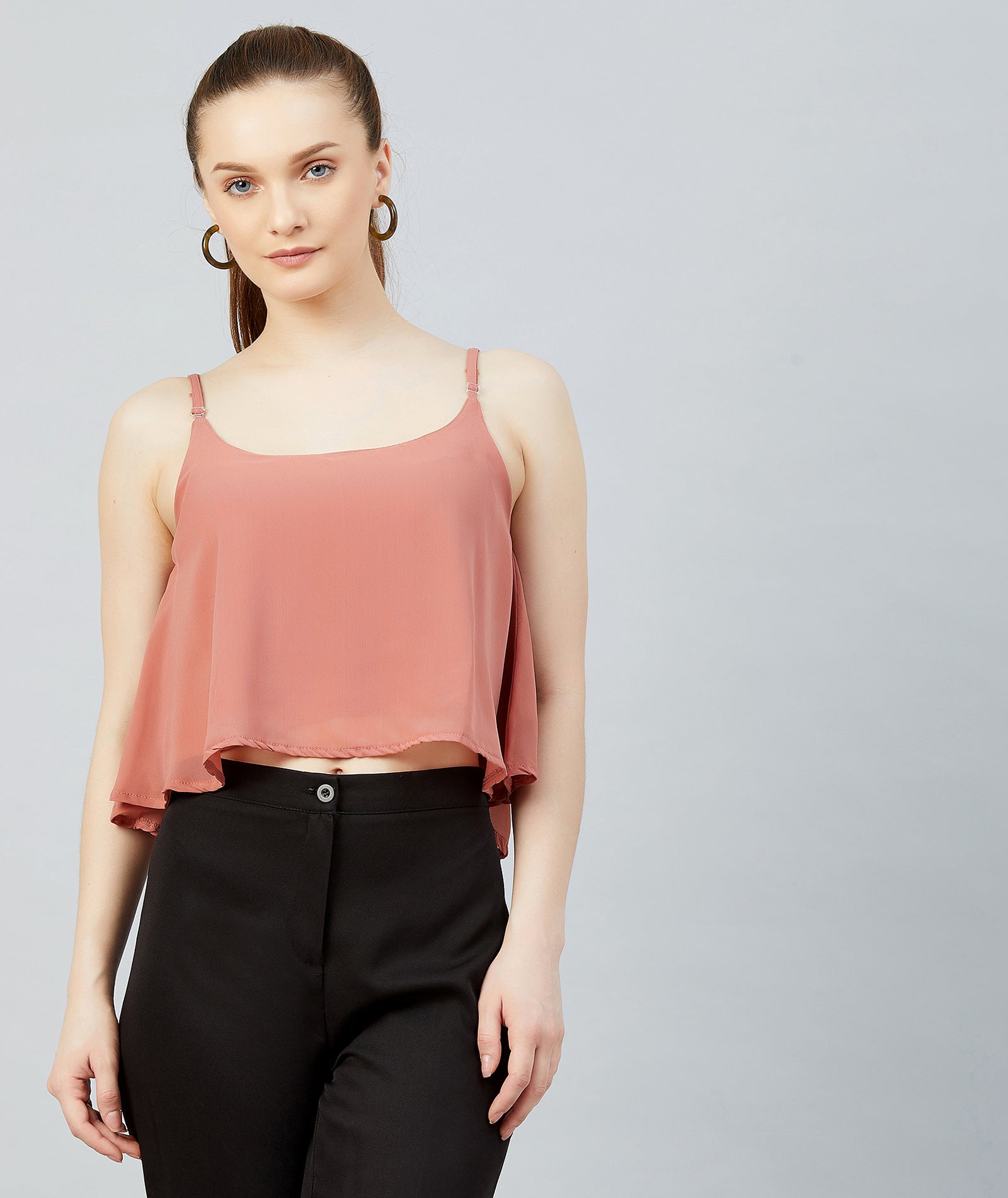 Chimpaaanzee Women Beige Georgette Noodle Strap Crop Top