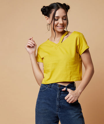 Chimpaaanzee Women Cut Out Neck Crop Top Yellow