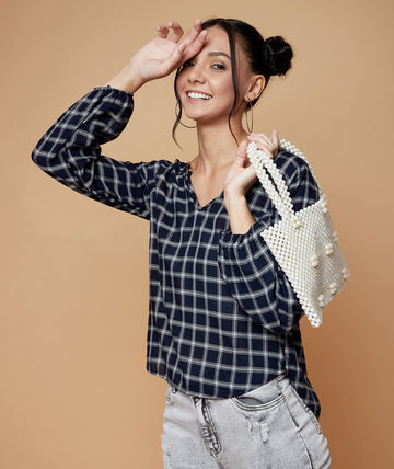 Chimpaaanzee Women V Neck Checkered Regular Top Navy