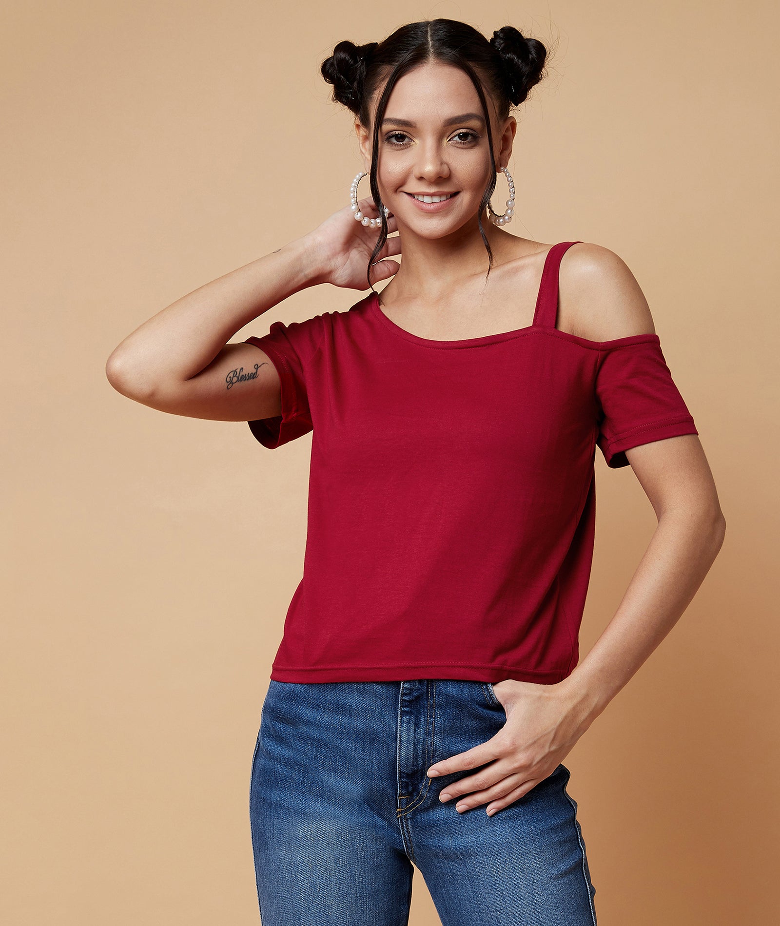 Chimpaaanzee Women One Shoulder Crop Top Maroon