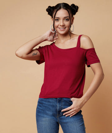 Chimpaaanzee Women One Shoulder Crop Top Maroon