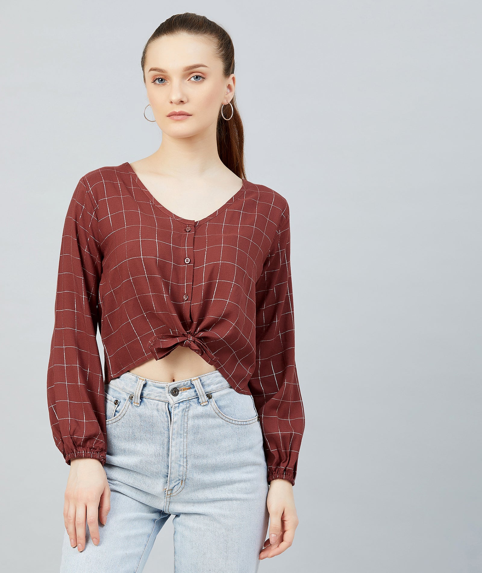 Chimpaaanzee Women Maroon Checkered Viscose Knotted Top