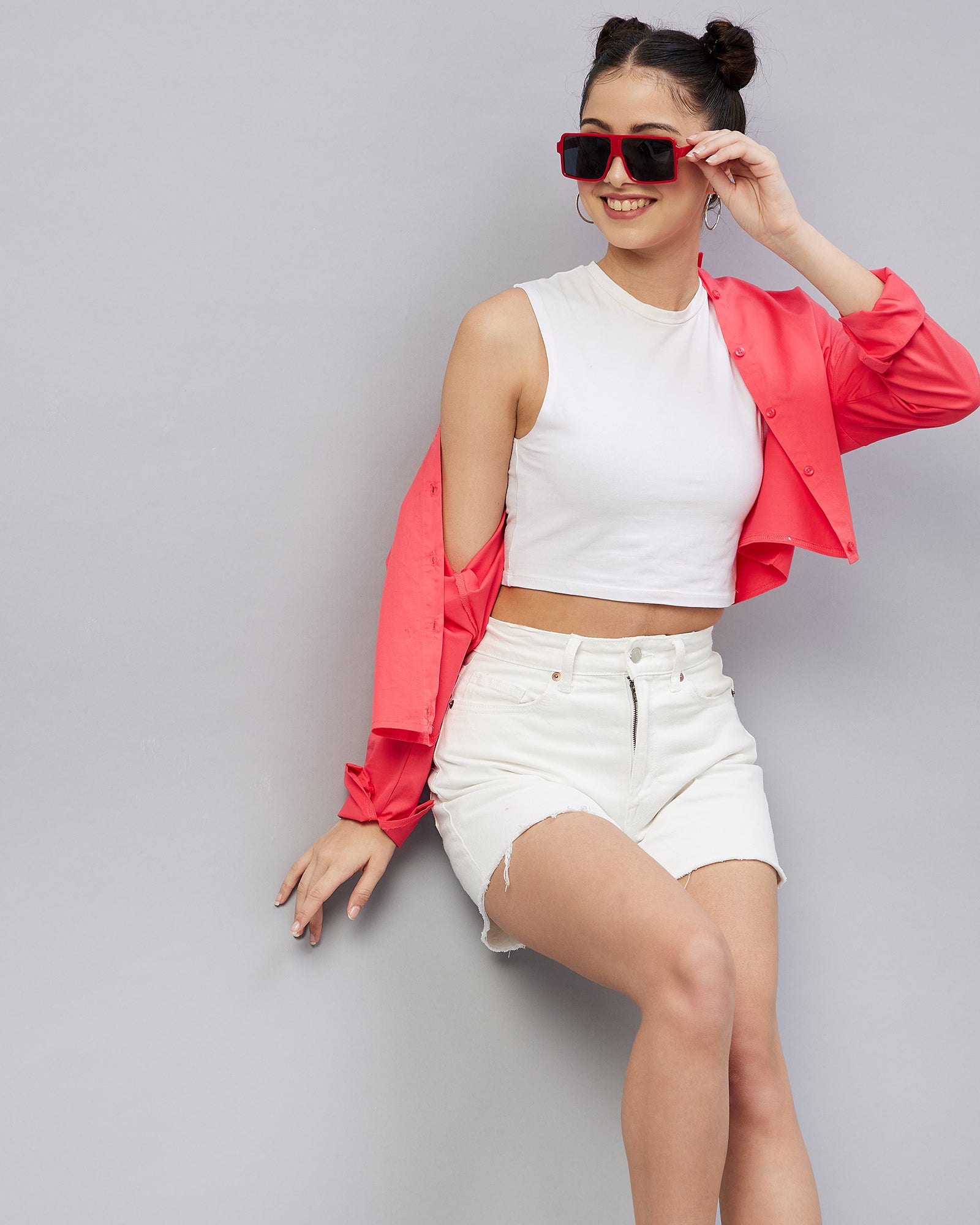 Chimpaaanzee Women Cotton Dark Pink Solid Drop Shoulder Crop Shirt