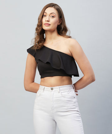 Chimpaaanzee Women Black Solid One Shoulder Crop Top