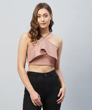 Chimpaaanzee Women Pink Solid Ruffled Crop Top