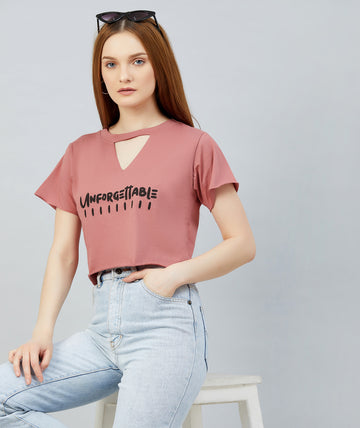Chimpaaanzee Women Dark Pink Keyhole Neck Crop T-shirt