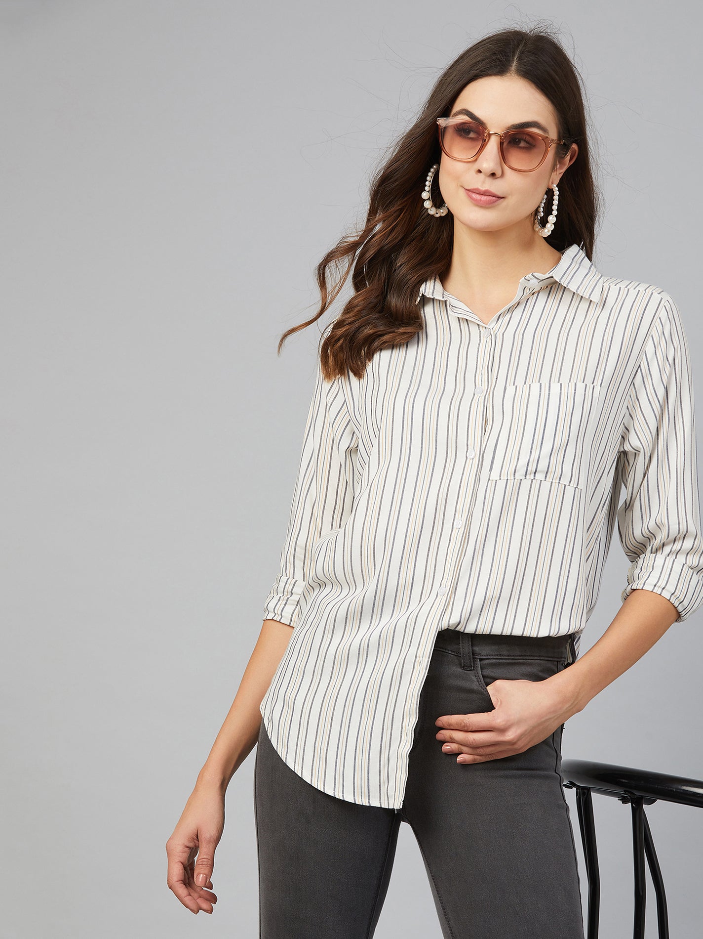 Chimpaaanzee Women White & Yellow Striped Shirt