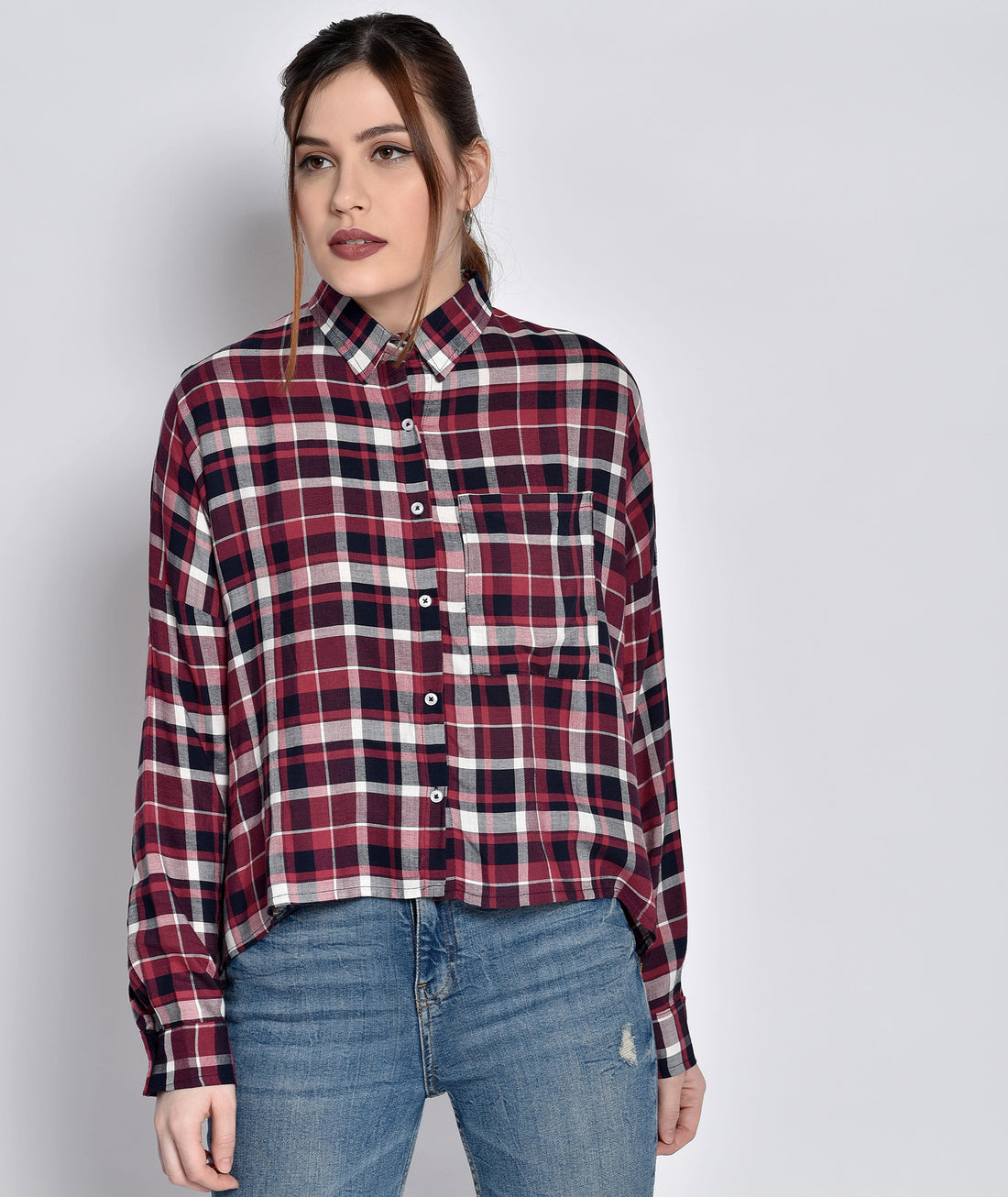 Chimpaaanzee Women Viscose Checkered Loose Fit Maroon Shirt
