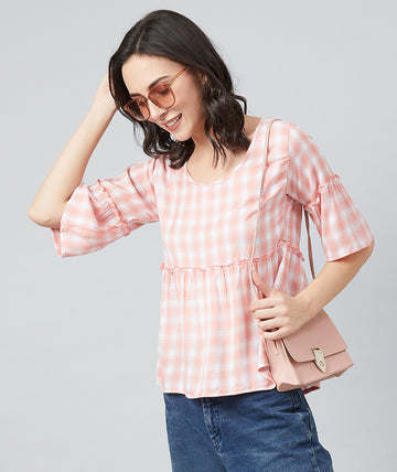 Chimpaaanzee Women Pink and White Checks Frill Style Top