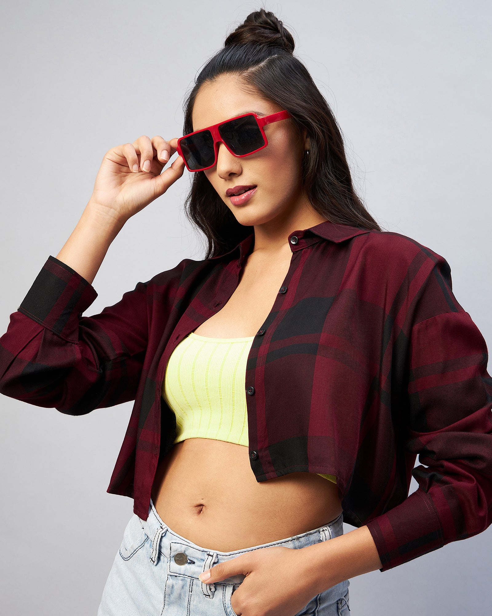 Chimpaaanzee Women Viscose Maroon & Black Checkered Full Sleeve Up Down Crop Shirt
