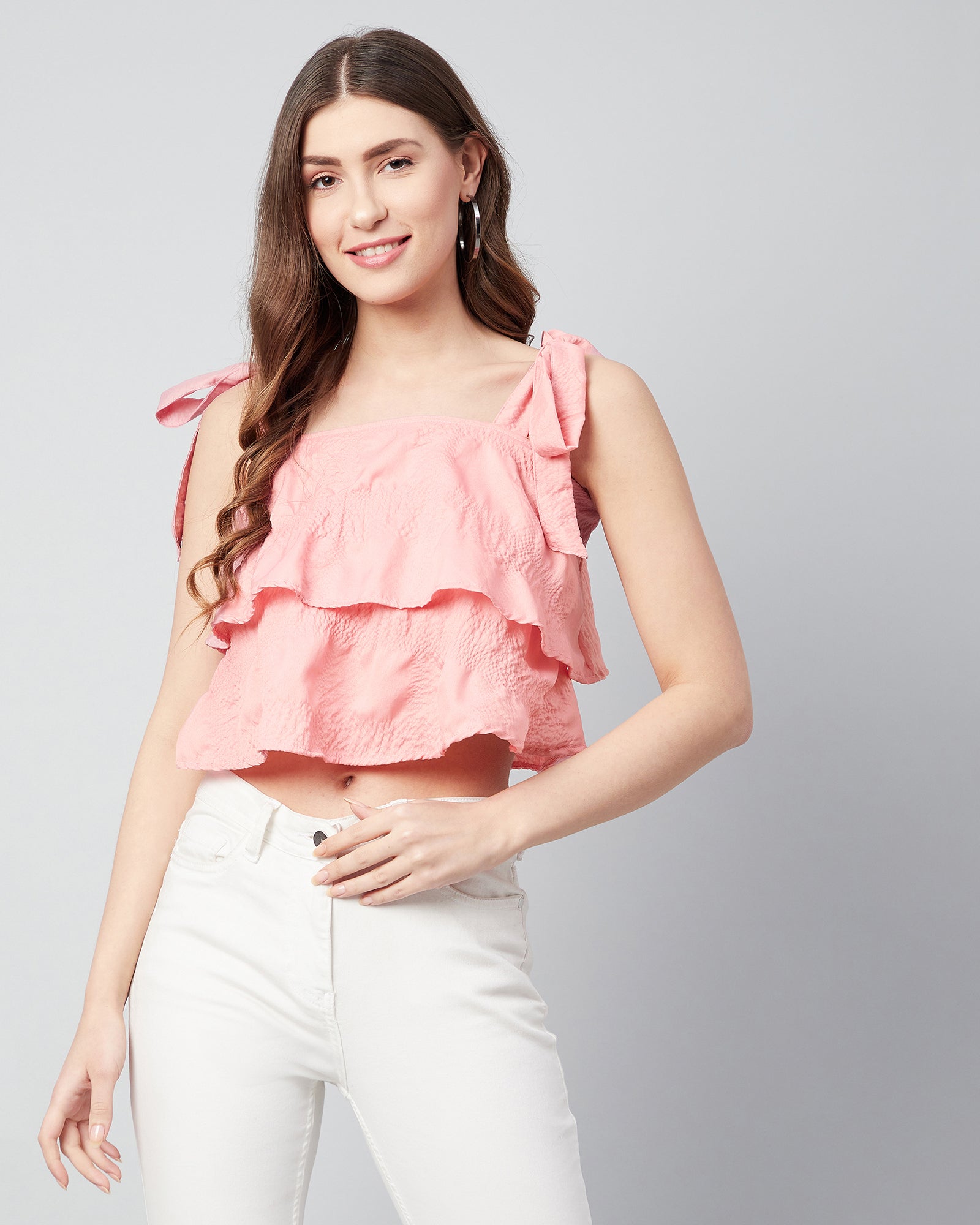 Chimpaaanzee Women Pink Double Layered Shoulder Knoted Crop Top