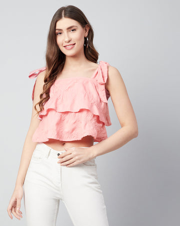 Chimpaaanzee Women Pink Double Layered Shoulder Knoted Crop Top