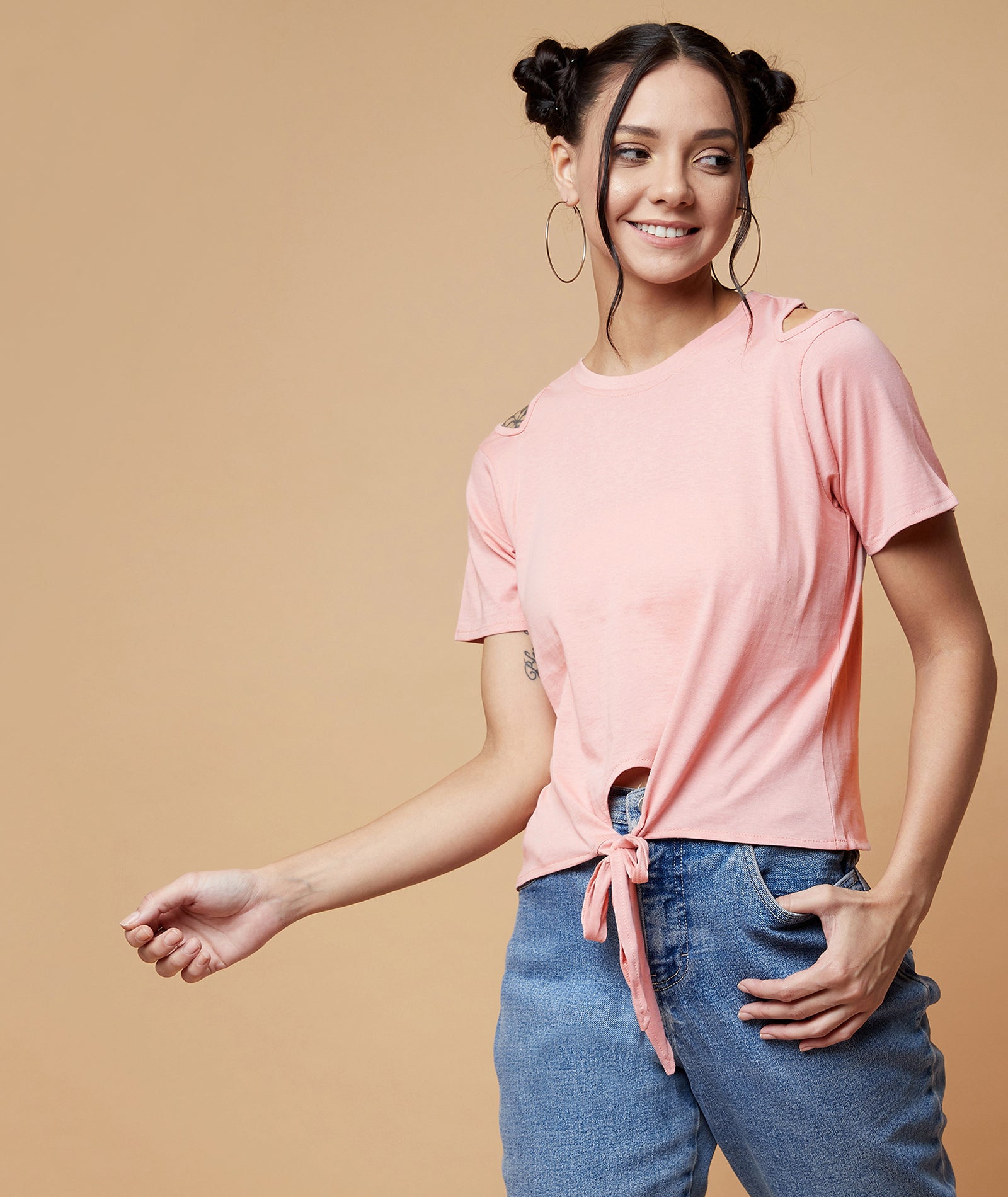 Chimpaaanzee Women Cut Out Neck Front Knot Top Pink