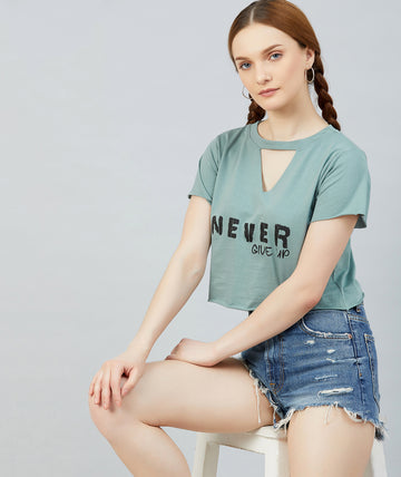 Chimpaaanzee Women Dusty Green keyhole Neck Crop T-shirt