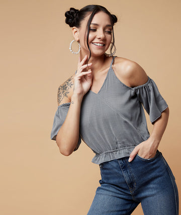 Chimpaaanzee Women Cold Shoulder Party wear Crop Top Grey
