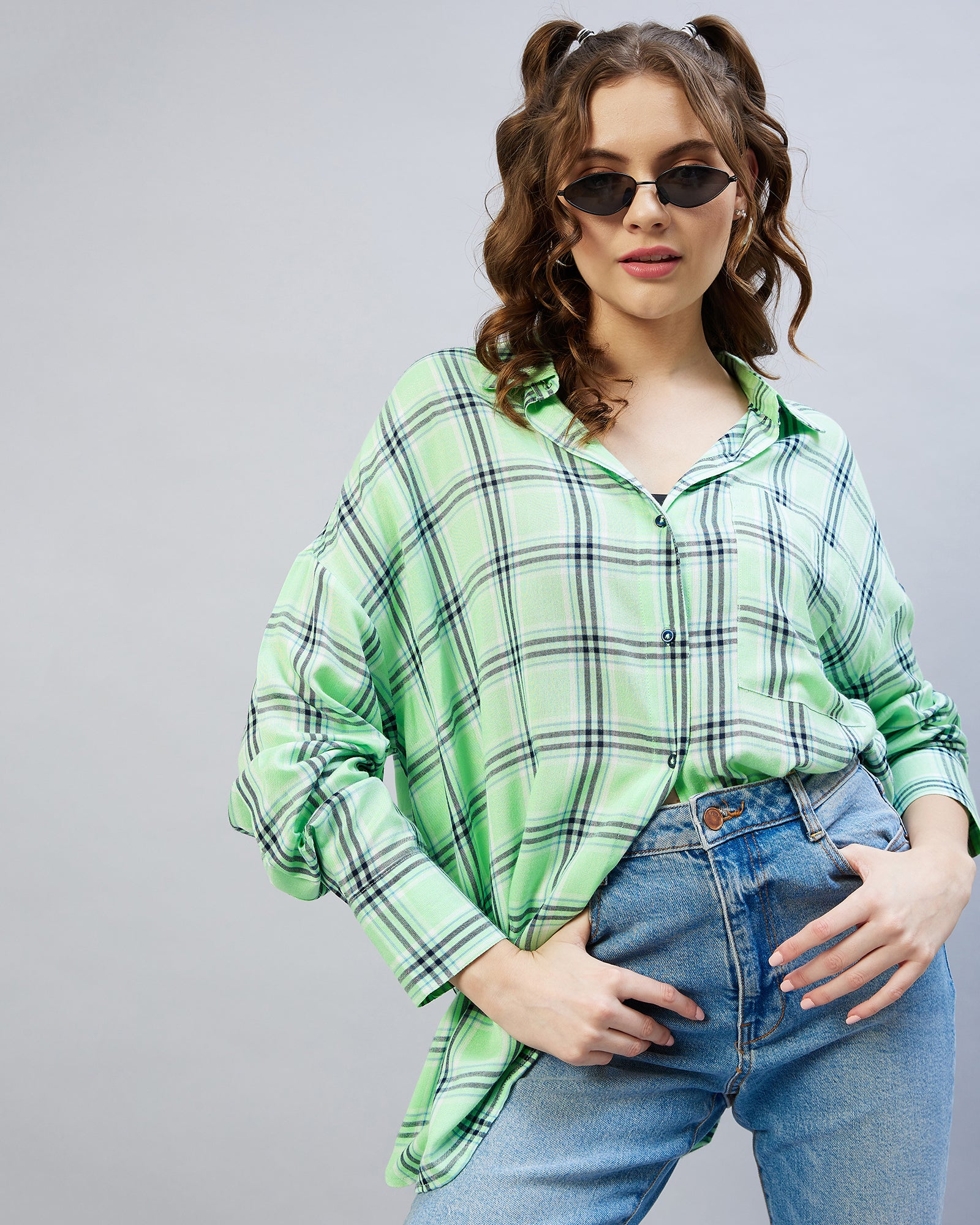 Chimpaaanzee Women Viscose Green & Navy Checkered Oversize Fit Shirt
