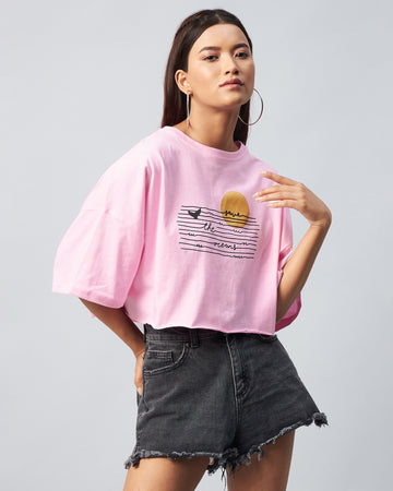 Chimpaaanzee Women Light Pink Solid Oversized Crop T-shirt