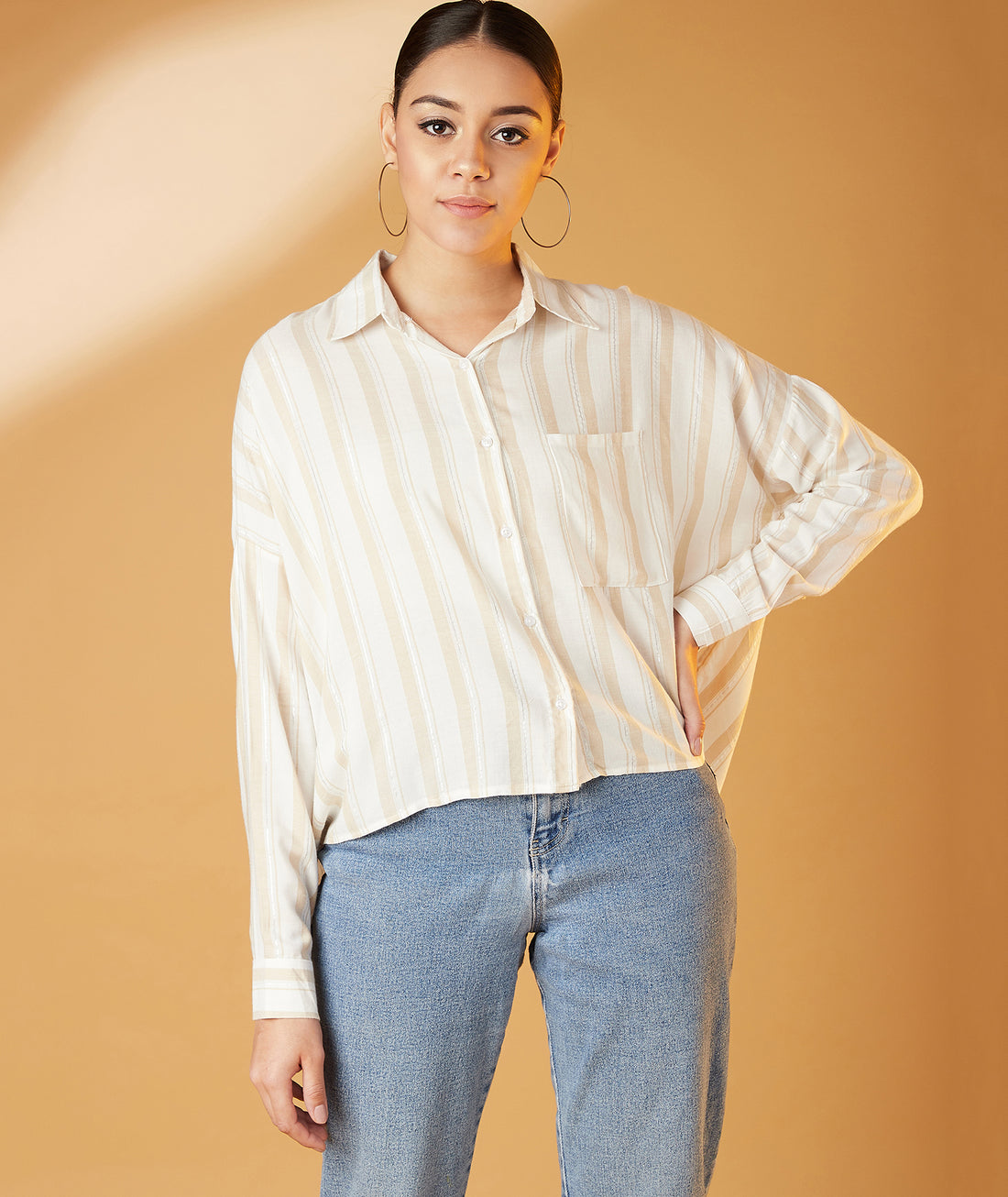 Chimpaaanzee Women Viscose Striped Loose Fit Beige Shirt