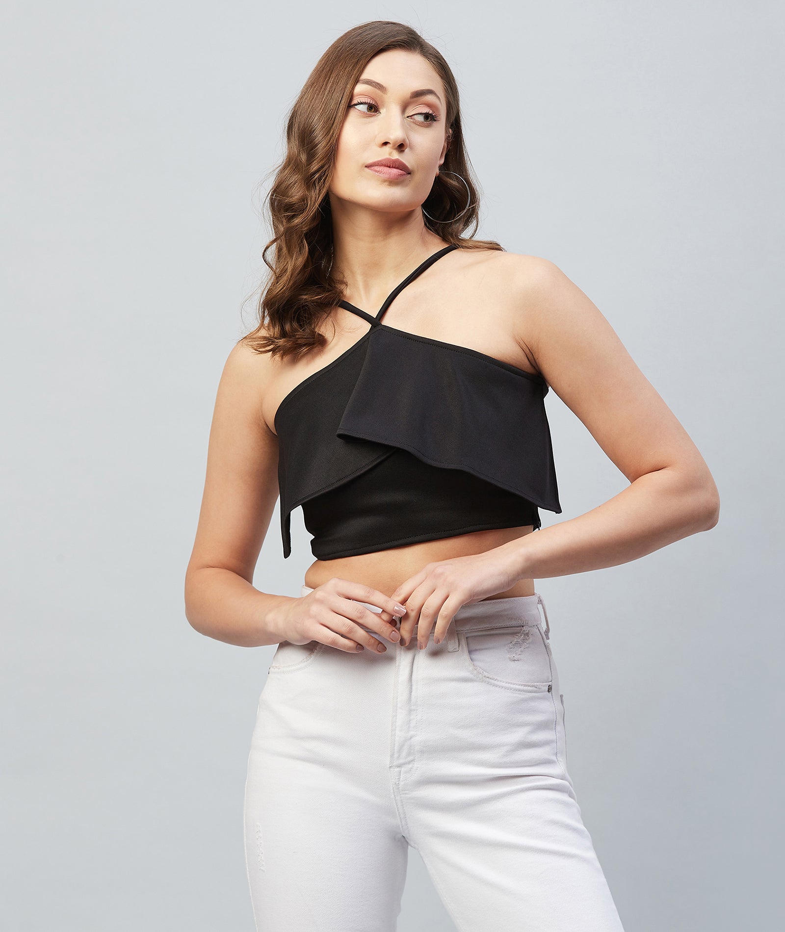 Chimpaaanzee Women Black Solid Ruffled Crop Top