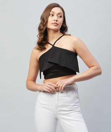 Chimpaaanzee Women Black Solid Ruffled Crop Top
