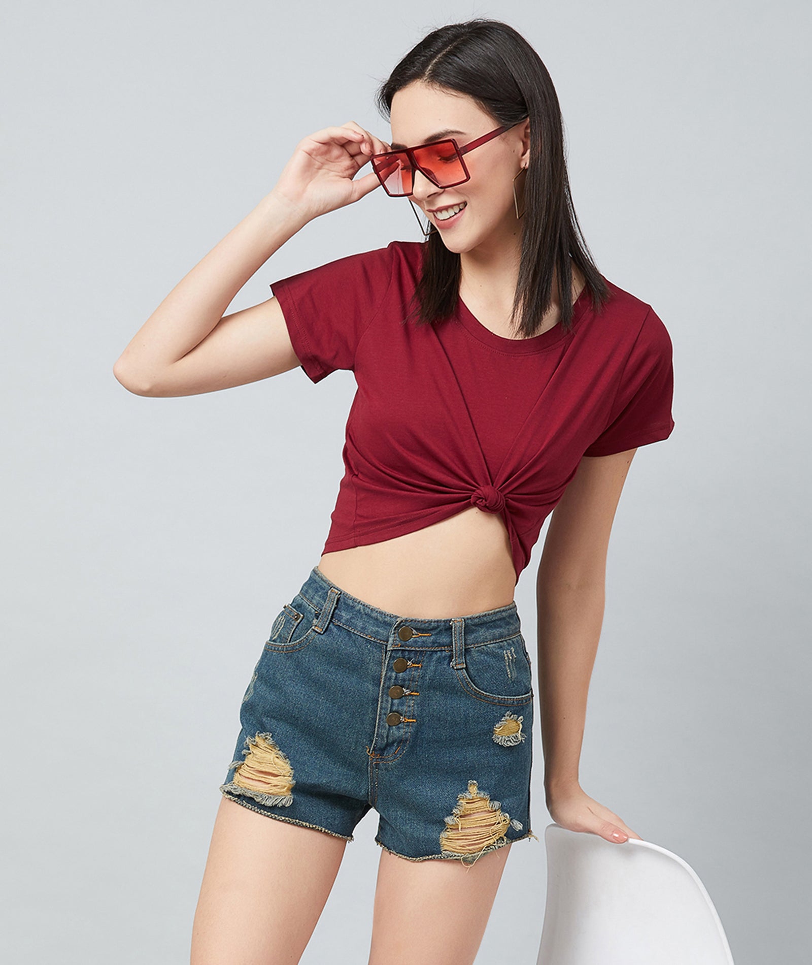 Chimpaaanzee Women Maroon Plain Round Neck Crop T-shirt