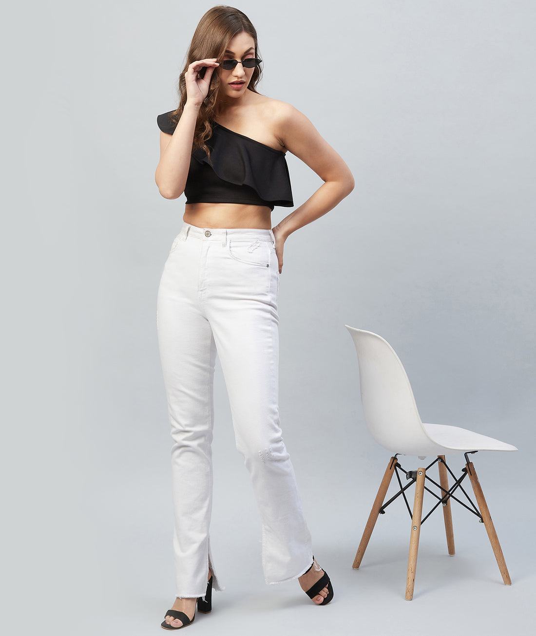 Chimpaaanzee Women Black Solid One Shoulder Crop Top