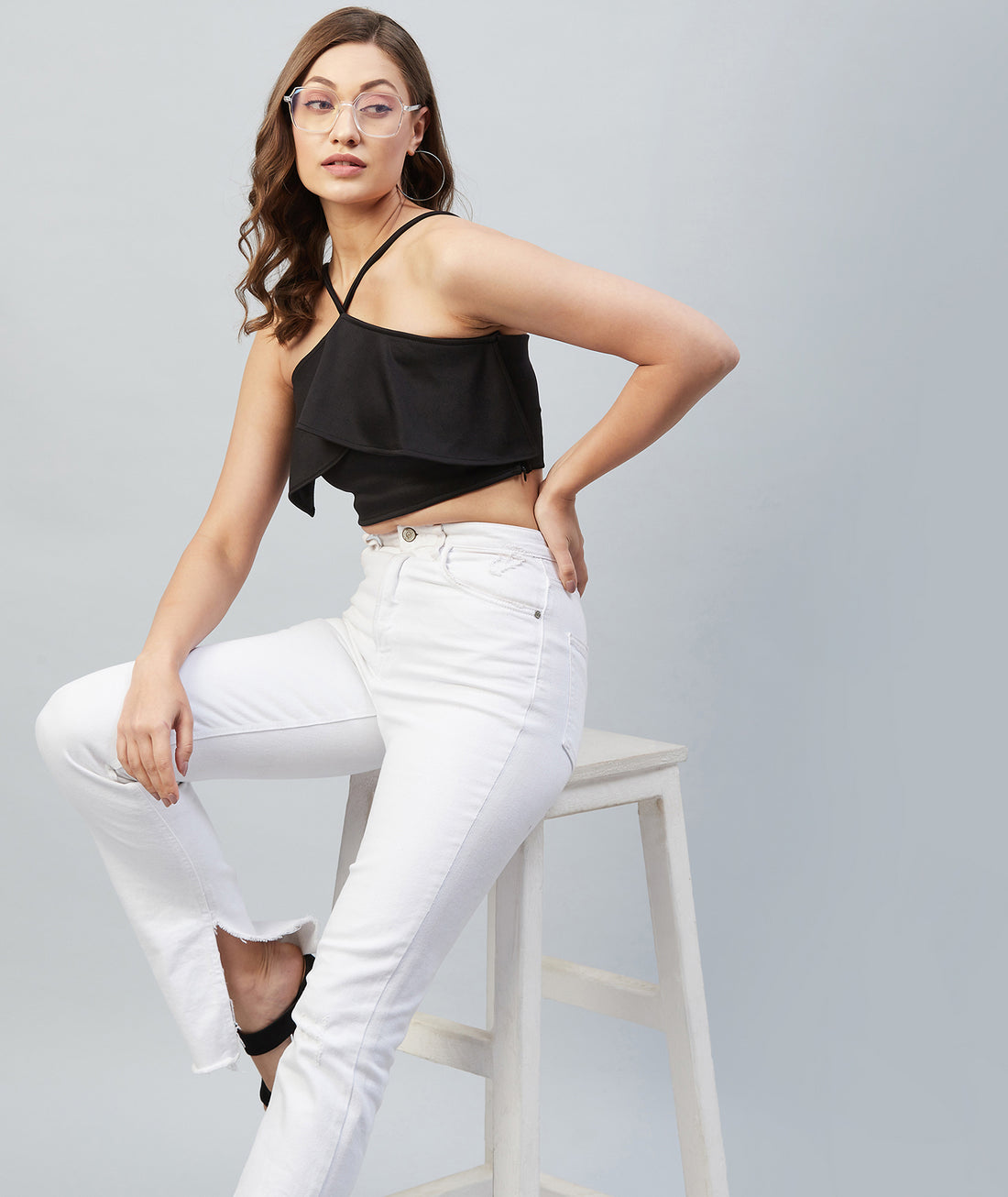 Chimpaaanzee Women Black Solid Ruffled Crop Top